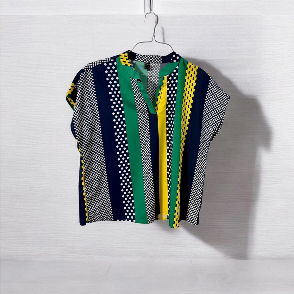 SHEIN Stylish Green, Navy Blue and Yellow Striped Women's Top